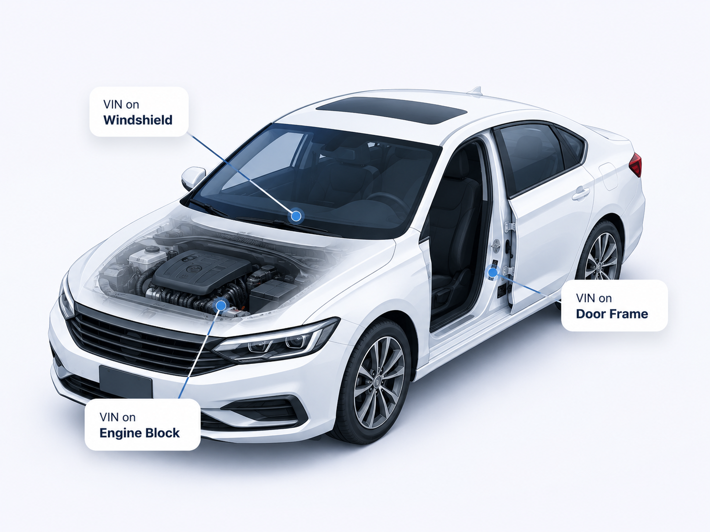 Diagram showing VIN locations at the windshield, driver door frame and engine area